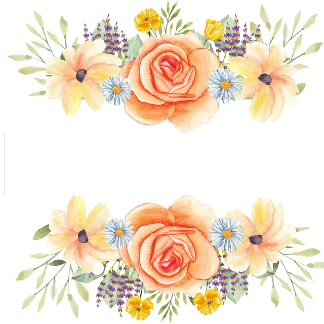 a floral frame with orange roses and blue and yellow flowers, by Nagasawa Rosetsu, shutterstock, watercolor style, the background is black, square, background(solid)