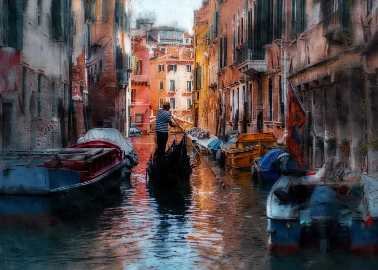 a painting of a man riding a gondola down a canal, a digital painting, by James Gurney, shutterstock, fine art, amazing color photograph, romantic impressionism, abstract impressionism, woman