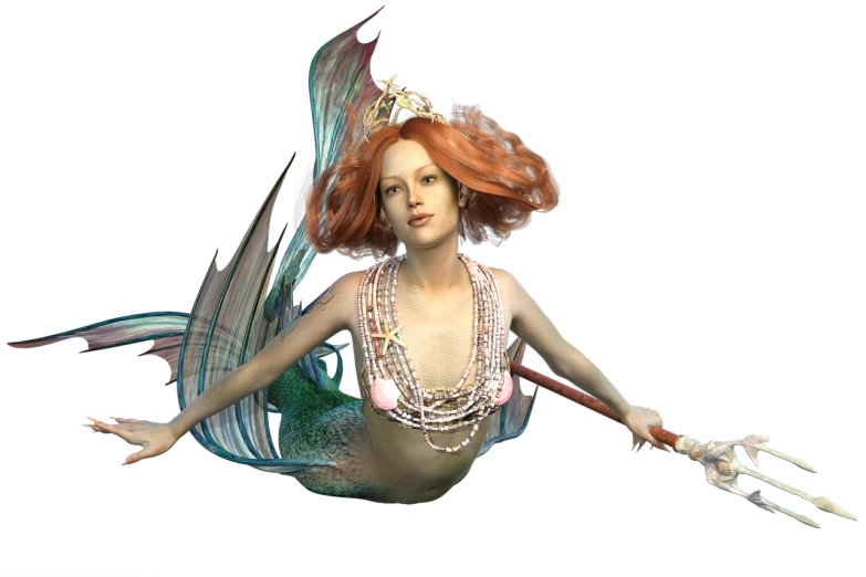 a woman dressed as a mermaid holding a spear, a raytraced image, beautiful animal pearl queen, fbx, maiden with copper hair, ripley scott
