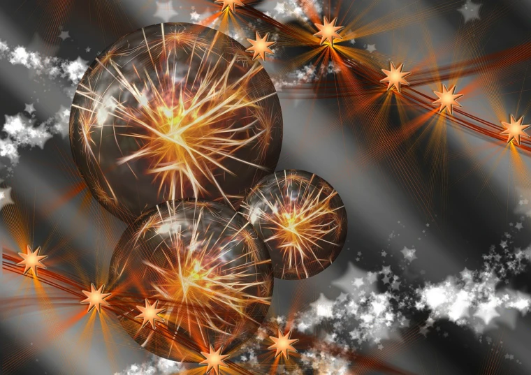 a couple of christmas balls sitting on top of a table, digital art, collapsing stars and supernovae, orange spike aura in motion, on a gray background, glass - reflecting - stars
