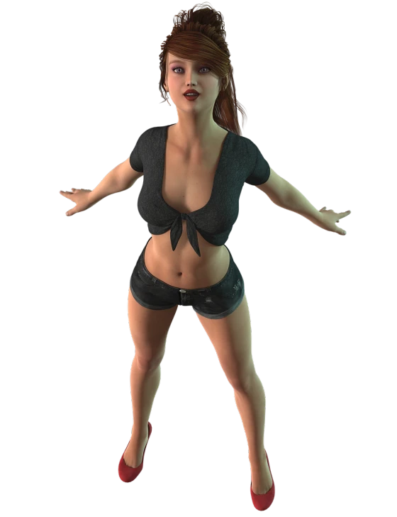 a woman in short shorts is posing for a picture, a 3D render, polycount contest winner, digital art, loosely cropped, shrugging, attractive woman, with a black background