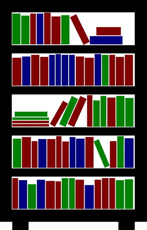 a bunch of books stacked on top of each other, a screenshot, by Andrei Kolkoutine, computer art, black backround. inkscape, green blue red colors, shelves full, on black background