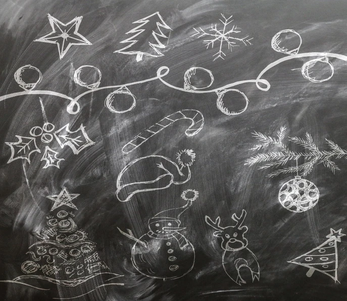 a blackboard with a bunch of drawings on it, trending on pixabay, folk art, christmas, background image, hq 4k phone wallpaper, medium closeup