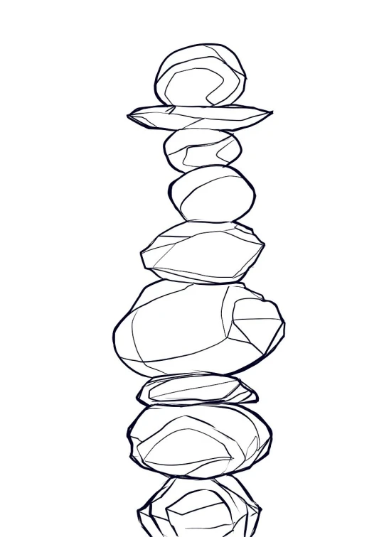 a black and white drawing of a stack of plates, lineart, inspired by Shūbun Tenshō, polycount, process art, pebbles, crystal column, single line drawing, sapphire