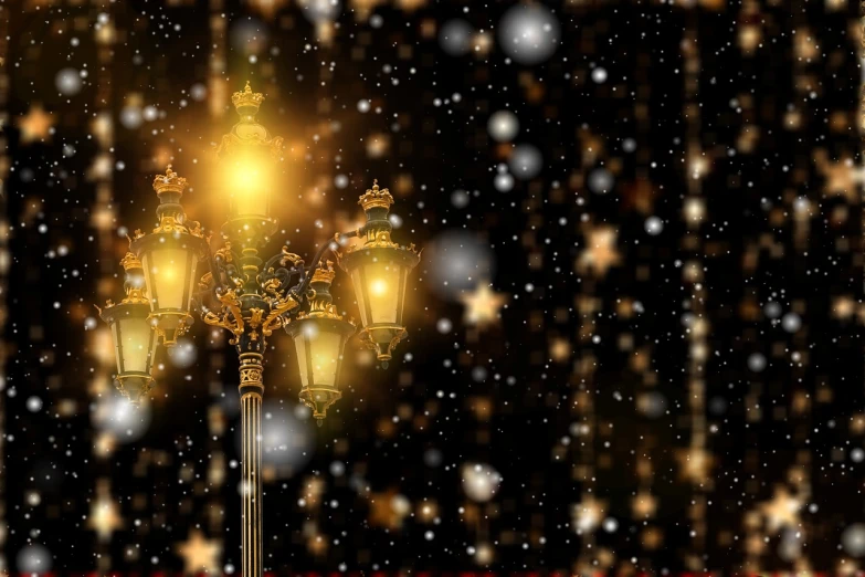 a street light in the snow with stars in the background, trending on pixabay, digital art, ornate golden background, avatar image, chandeliers, pc screen image