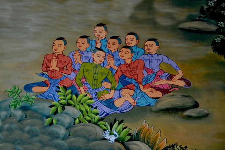 a painting of a group of people sitting on a rock, shutterstock, cloisonnism, laos, closeup photo, choir, close up photo