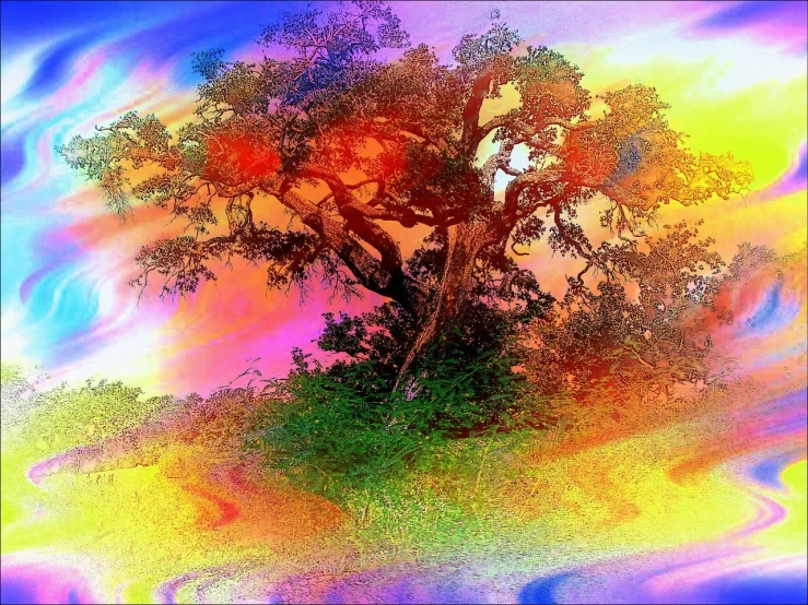 a tree sitting on top of a lush green field, digital art, by Daniel Chodowiecki, flickr, psychedelic art, vibrant sunrise, digital art - w 640, iridescent digital art, the oak tree