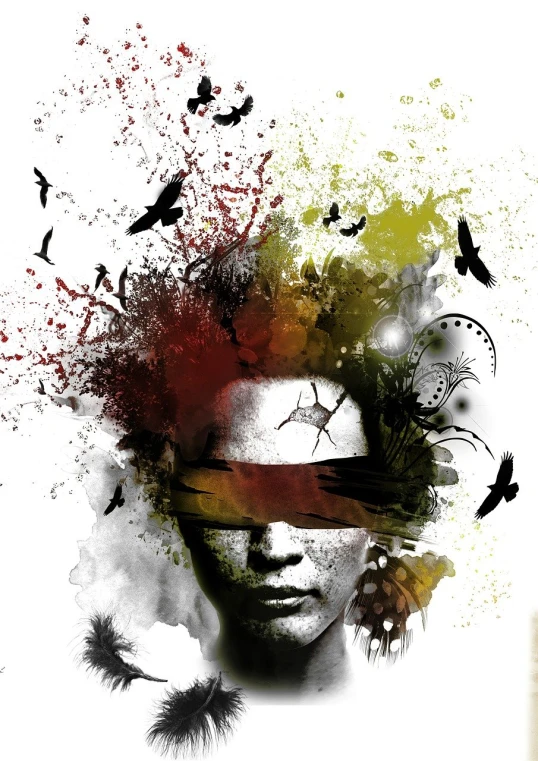 a woman with birds flying around her head, a digital painting, inspired by Alain Tasso, vorticism, ink splatter, blindfold, portrait photo, full color illustration