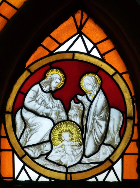 a stained glass window depicting the nativity of jesus, by Dave Allsop, pexels, round, the three marys at the sepulchre, morning detail, benjamin vnuk