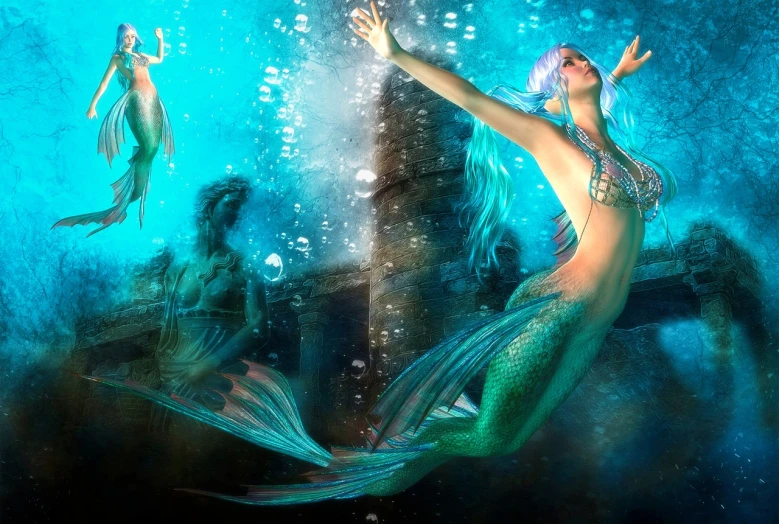 a couple of mermaids that are standing in the water, digital art, inspired by David LaChapelle, fantasy art, closeup photo, iray, doing a majestic pose, floating under water