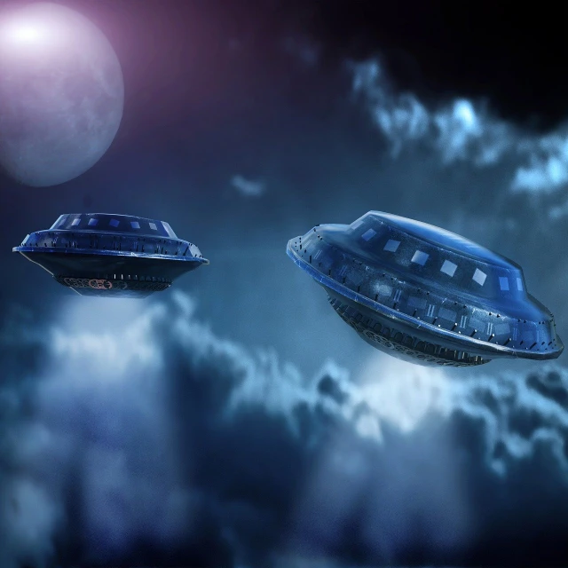 two spaceships flying in the sky with a full moon in the background, by Wayne England, shutterstock, retrofuturism, giant aztec spaceship, spaceships in the cloudy sky, high quality fantasy stock photo, flying toasters in heaven