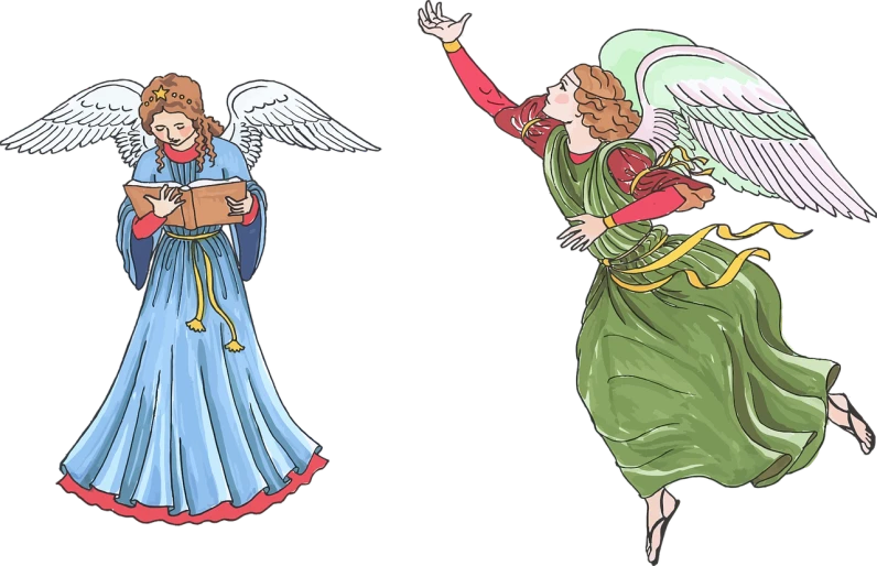 a couple of angels standing next to each other, an illustration of, trending on pixabay, renaissance, fully colored, wikihow illustration, dueling, christmas