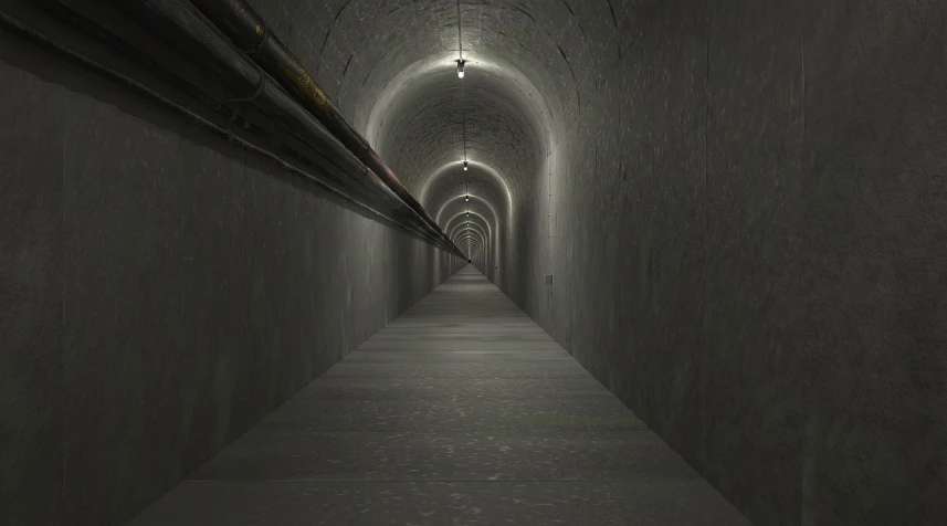 a long tunnel with pipes going through it, a digital rendering, by Artur Tarnowski, deviantart, raytraced lighting, ww 2, high resolution ultradetailed, iray