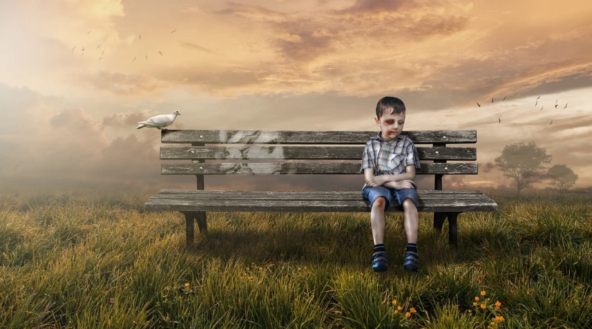 a young boy sitting on top of a wooden bench, by Lucia Peka, pixabay contest winner, surrealism, with a hurt expression, photoshop collage, with his pet bird, ghost children