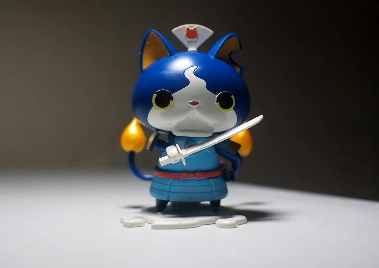 a close up of a figurine of a cat with a sword, a picture, by Jason Teraoka, flickr, ((blue)), kenny wong x pop mart, full body shot!!, morgana