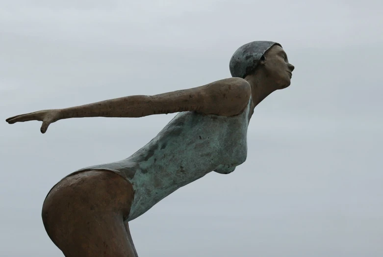 a statue of a woman holding a frisbee, by Caro Niederer, swimming, profile pose, reaching for the sky, head and torso only