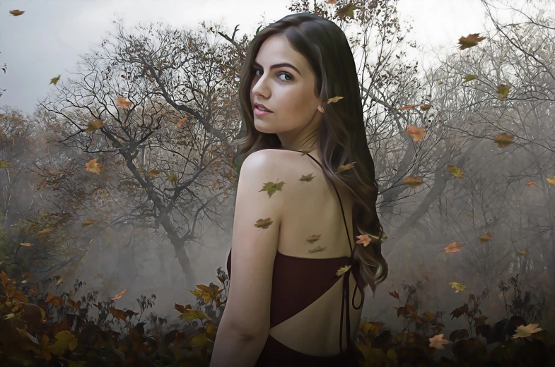 a woman standing in a field of leaves, by Galen Dara, pixabay contest winner, digital art, young woman with long dark hair, digital art. photo realistic, elegant photorealistic cinematic, beauty fog