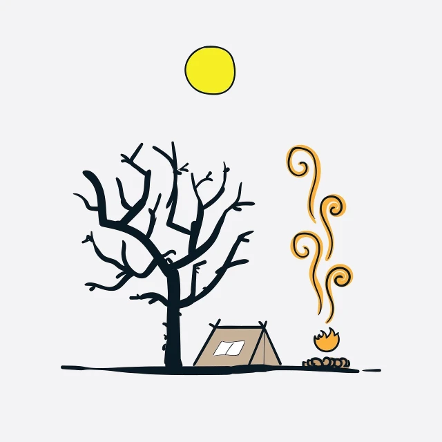 a drawing of a campfire next to a tree, an illustration of, conceptual art, on simple background, winter sun, linear illustration, tent