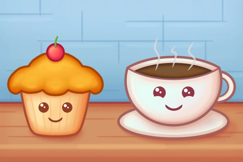 a cup of coffee and a cupcake on a table, deviantart contest winner, cute cartoon, hd screenshot, cute pictoplasma, happy friend