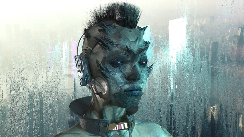 a close up of a person with headphones on, inspired by Ai-Mitsu, zbrush central contest winner, afrofuturism, sci-fi lizard alien, attractive androgynous humanoid, movie still of aztec cyborg, fashionable futuristic woman