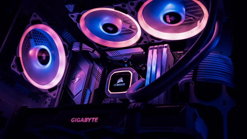 a close up of the inside of a computer case, inspired by An Gyeon, brightly lit purple room, dramatic rim lighting, blue and pink color scheme, pc screenshot
