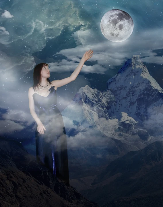 a woman standing on top of a mountain under a full moon, a matte painting, fantasy art, photo - manipulation, a sorceress casting a ice ball, full figured mother earth, standing in moonlight