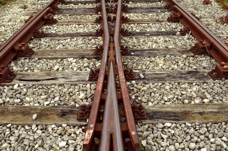 a couple of train tracks sitting next to each other, by Edward Corbett, shutterstock, realism, detailed zoom photo, symmetrical details, rusted steel, istockphoto