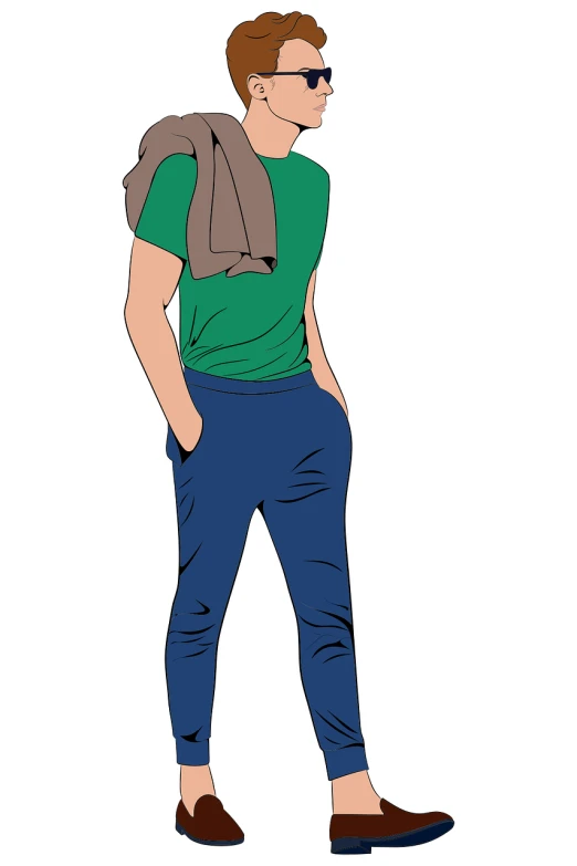 a man in a green shirt and blue pants, an illustration of, shutterstock, shin hanga, young greek man, male teenager, zayn malik, high detail illustration