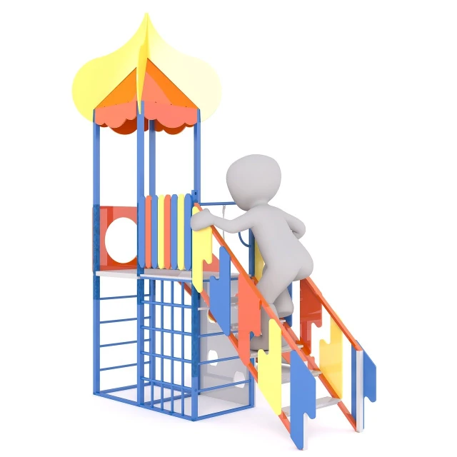 a person that is standing on a slide, a 3D render, toddler, hight decorated, stick figure, external staircases