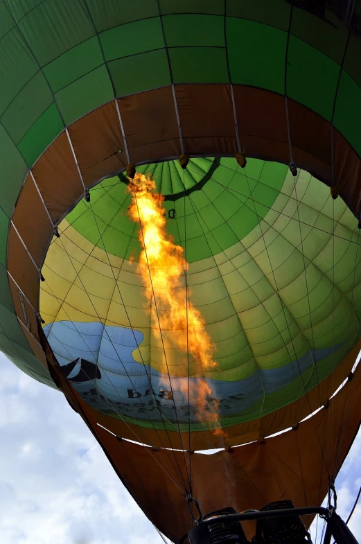 a hot air balloon with a flame coming out of it, by Dave Allsop, hurufiyya, full of greenish liquid, view from the ground, photo taken with nikon d750, awkward situation