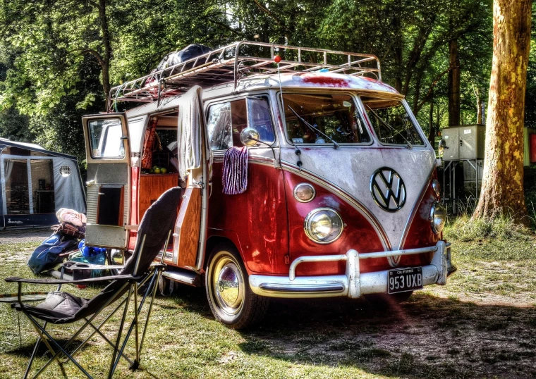 a red and white vw bus parked in a field, pixabay contest winner, retrofuturism, photorealism. trending on flickr, hot summer day, camping, tonemapped