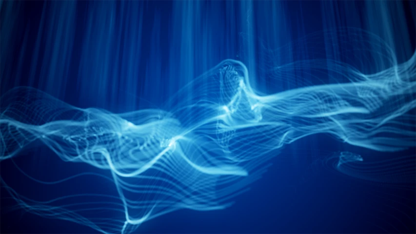 a close up of a wave of smoke on a blue background, digital art, by Anna Füssli, shutterstock, digital art, wires cybernetic implants, blurred and dreamy illustration, stock photo