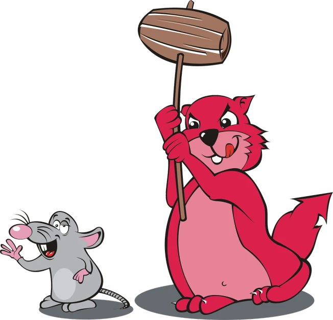 a cat standing next to a mouse holding a sign, inspired by Hanna-Barbera, pixabay, red and grey only, hunchback, sweeping, cooky