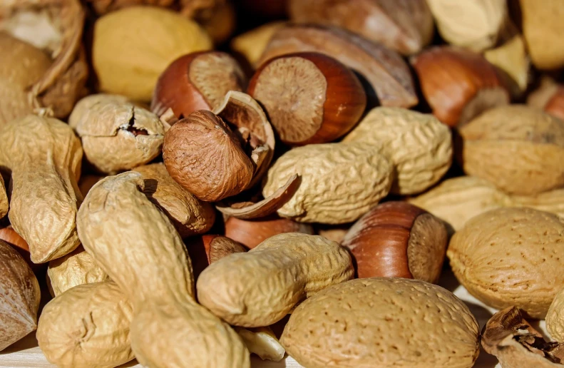 a pile of nuts sitting on top of a table, by Josef Navrátil, pexels, half portrait, 🦩🪐🐞👩🏻🦳, detailed zoom photo, half and half