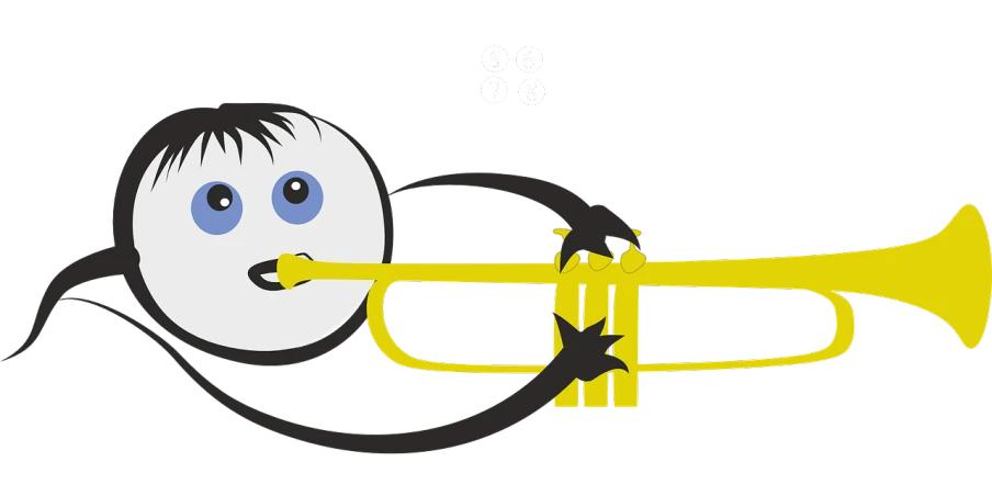 a cartoon picture of a man playing a trumpet, inspired by Awataguchi Takamitsu, deviantart, dada, eyes are yellow, wide screenshot, belt, with a black background