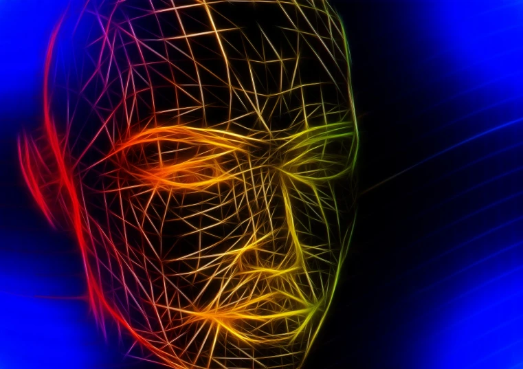 a close up of a person's face on a blue background, a raytraced image, by Mirko Rački, digital art, rgb wires, multicolored vector art, aura of power. detailed, elaborate lights. mask on face