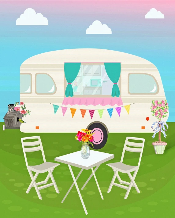 a table and chairs in front of a camper, vector art, by Jeka Kemp, pixabay contest winner, wedding, royal garden background, 🎀 🗡 🍓 🧚, vintage - w 1 0 2 4