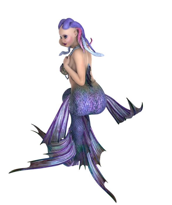 a 3d illustration of a mermaid with purple hair, a raytraced image, [[fantasy]], with a black background, fbx, curious