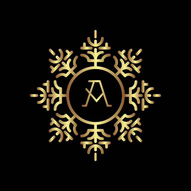 a gold snowflake on a black background, a portrait, by Aleksander Kotsis, Artstation, art nouveau, minimalist logo without text, alvah angelrune, arbor, luxury brand