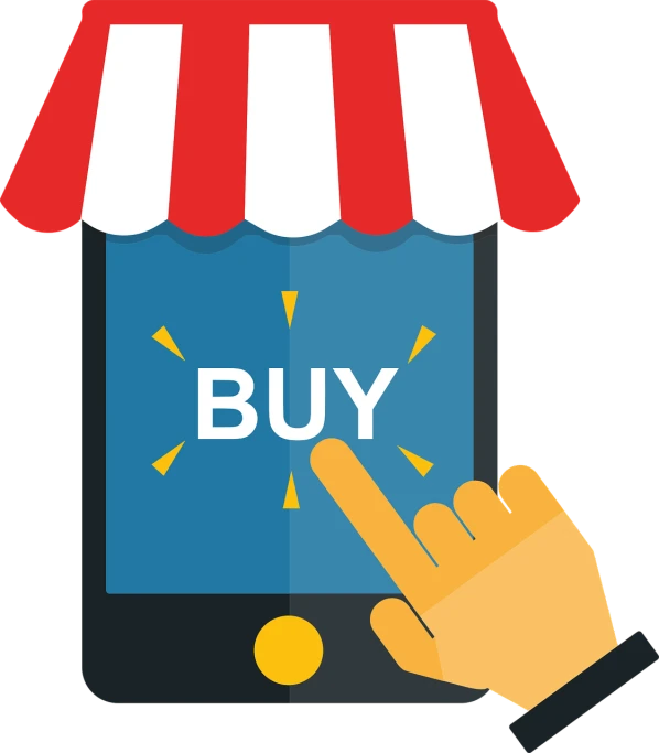 a hand touching a tablet with the word buy on it, pixabay, vector, on a flat color black background, exiting store, whole page illustration