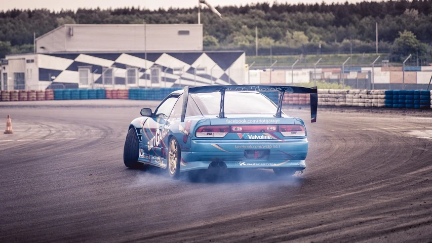 a car driving on a track with a lot of smoke coming out of it, a picture, inspired by Kentaro Miura, wide shot angle, honda nsx, backshot, wheelie