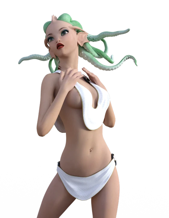 a woman in a bikini with an octopus on her head, a 3D render, inspired by INO, deviantart contest winner, wearing white leotard, sexy girl with green eyes, ( ( ( ( 3 d render ) ) ) ), lone petite female goddess