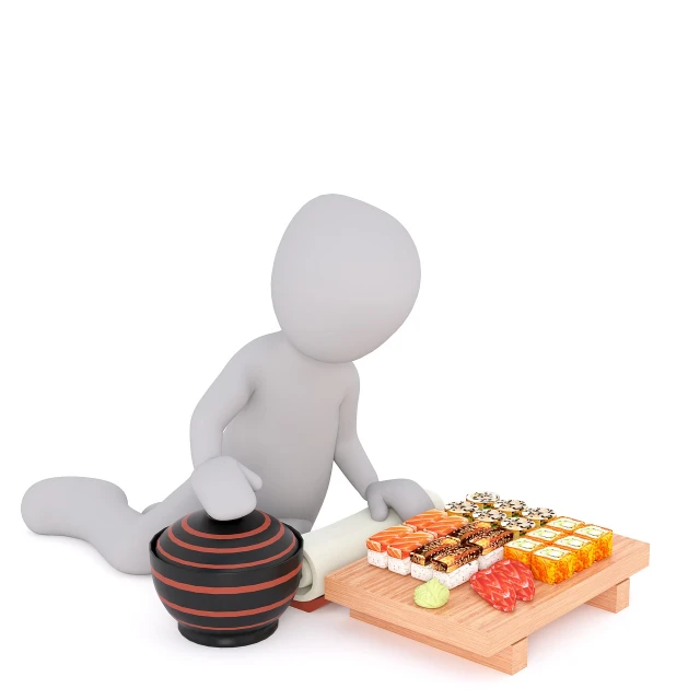 a person cutting sushi on a cutting board, a picture, figuration libre, cute 3 d render, sitting down, 3 d image, clipart