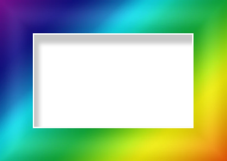 a rainbow colored background with a black square, a picture, whitespace border, black backround. inkscape, with gradients, 1128x191 resolution