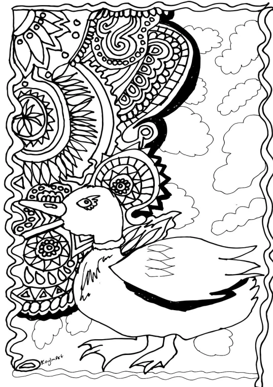 a black and white drawing of a bird, lineart, inspired by Jacob Duck, arts and crafts movement, whorl. clouds, color page, beskinski, detailed duck