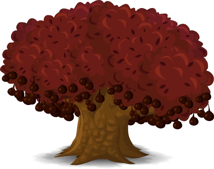 a red tree with brown leaves on a black background, polycount, conceptual art, background of poison apples, mushroom kingdom, an island made of red caviar, front side view