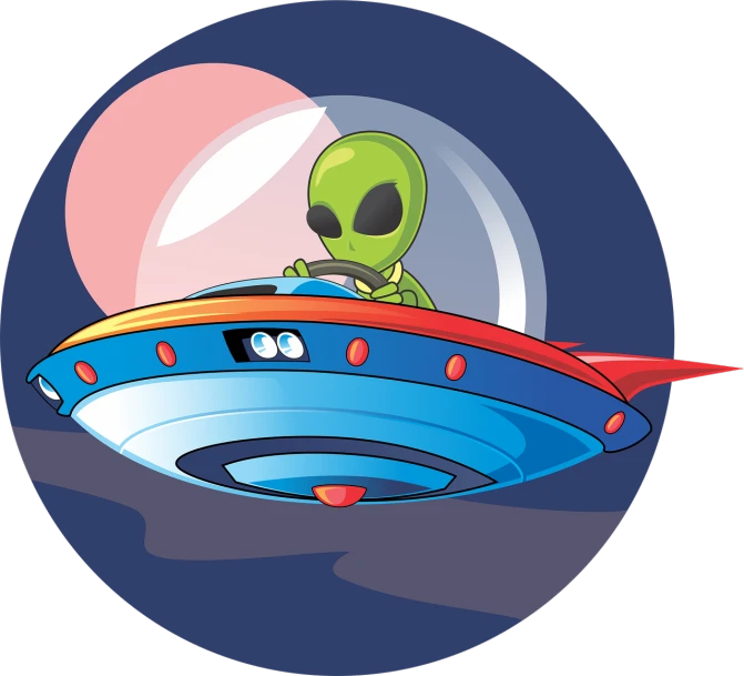 a cartoon alien riding on top of a flying saucer, an illustration of, vehicle illustration, spaceship window, cartoon image, alien racing drivers