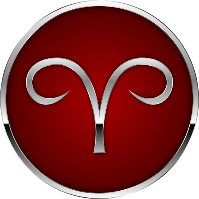 a silver aries symbol on a red button, a photo, inspired by Shūbun Tenshō, pixabay, art nouveau, mars energy, vectorized logo style, ram horns, modern”