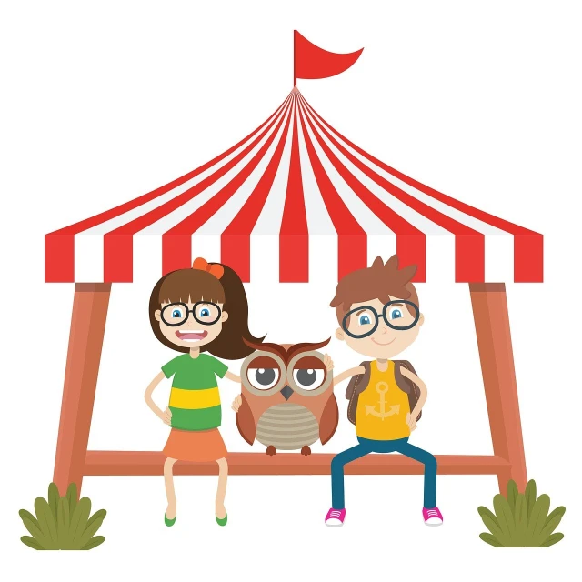 a couple of kids sitting on a bench next to an owl, inspired by The Family Circus, inside a circus tent, avatar for website, hipster, covered outdoor stage