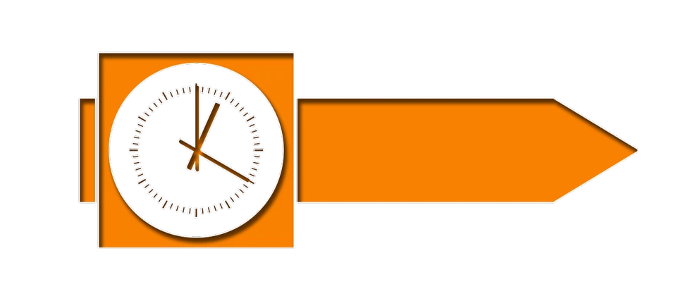 a close up of an arrow with a clock on it, a digital rendering, by Hans Schwarz, reddit, deconstructivism, black and orange, executive industry banner, 70s progressive rock logo, peace